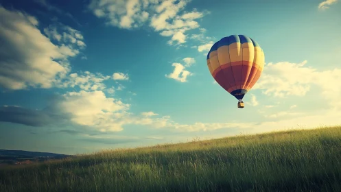 Hot air balloon over sunlit meadow beneath soft clouds.