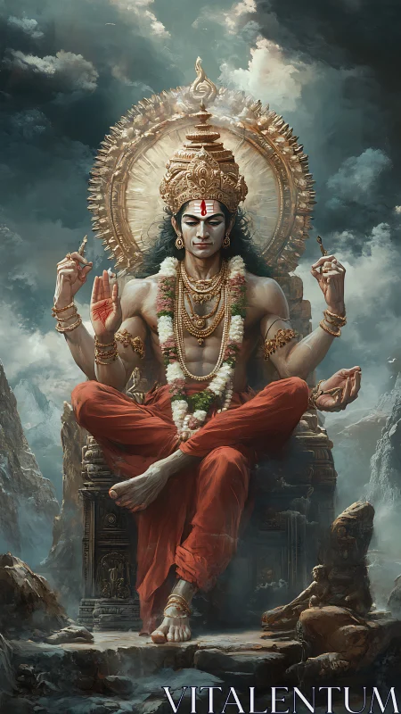 Divine figure sits on ornate throne in mountainous setting