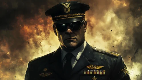 Calm commander standing strong in a storm of glowing fire.