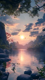 Sunset over calm river between rocky forested cliffs.