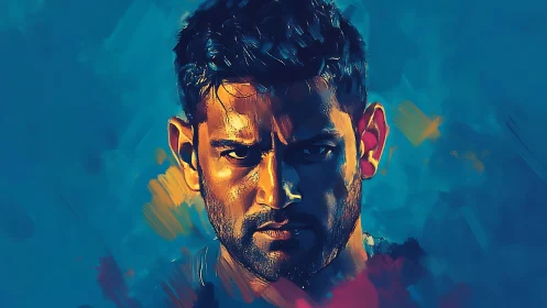 Intense male portrait in bold blue and golden brushwork.