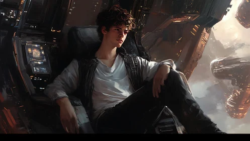 Relaxed starship pilot in illuminated cockpit environment.