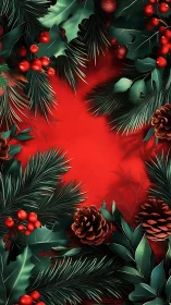 Detailed digital Christmas border with pine, holly and cones