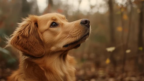Golden retriever side profile in soft forest background.