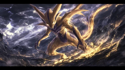 Storm-forged golden beast descending through electric skies.