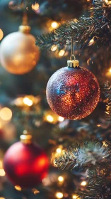 Macro depth-of-field study of glittered red Christmas bauble decor