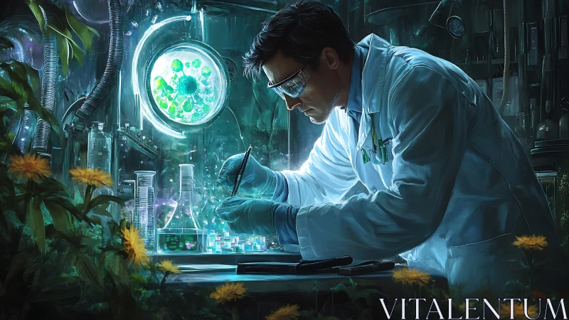 Biotech researcher engineering luminous microflora in lab.