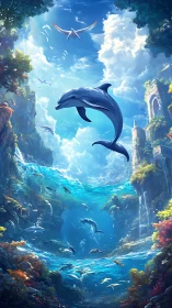 Dolphins soar through a sunlit ocean canyon of ancient ruins