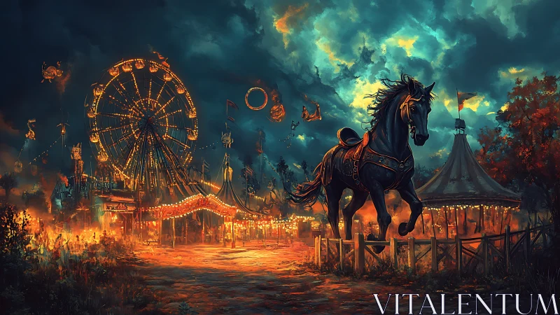 Enchanted night carnival glows beneath a storm-lit sky