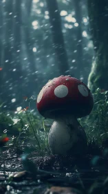 Moody forest fly agaric under rain with cinematic depth.
