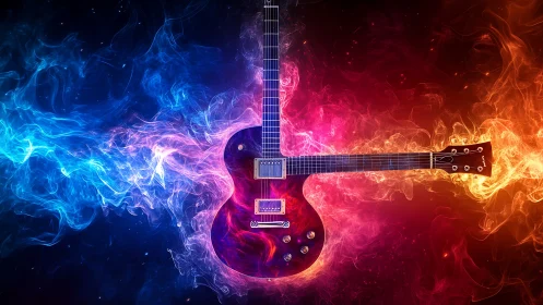 Electric guitar blazes between blue ice and red fire smoke