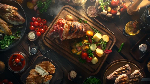 Rustic feast gathers roasted meat, glowing herbs, and bread