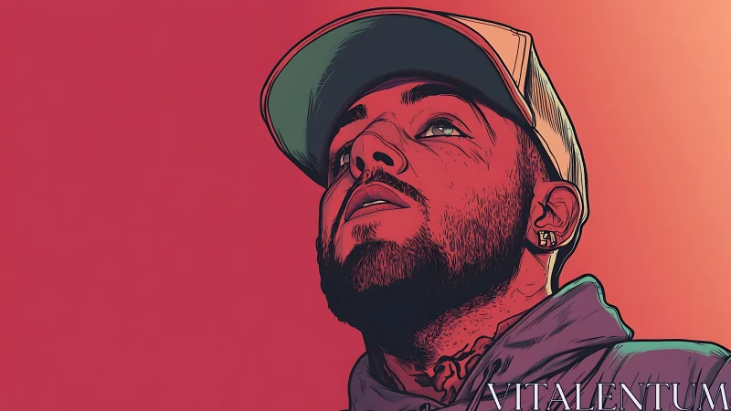 Stylized digital portrait of bearded man in cap on red field.