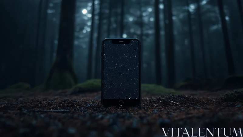 Smartphone glows with starry sky amid dark misty forest floor.