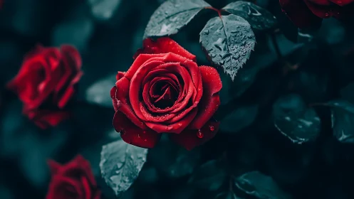Red Roses with Frost-Covered Leaves in Teal Setting.