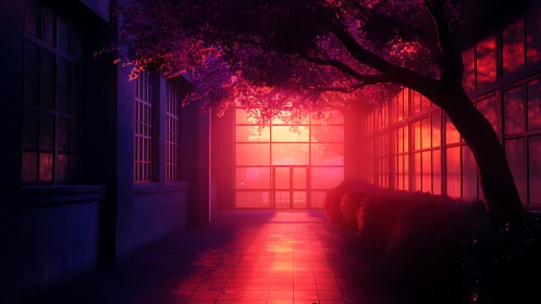 Crimson corridor blooms beneath neon dusk and glass reflections.