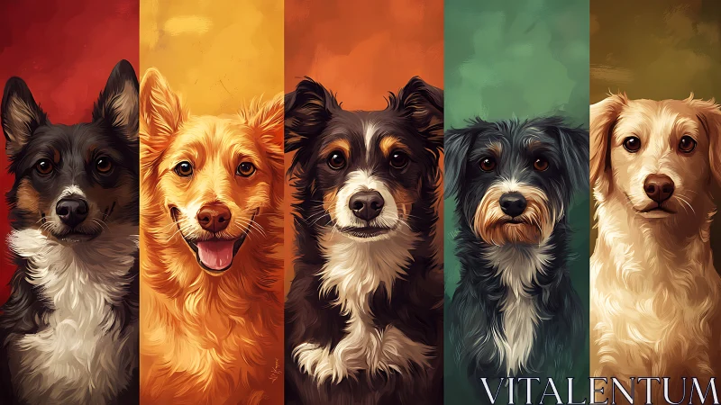 Canine portrait quintet with warm gradient panel backdrops.