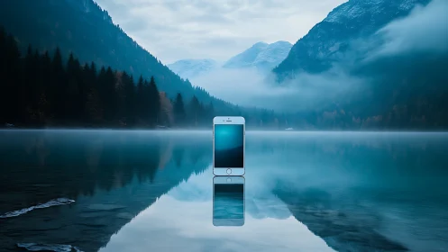 Smartphone centered on misty mountain lake with reflections.