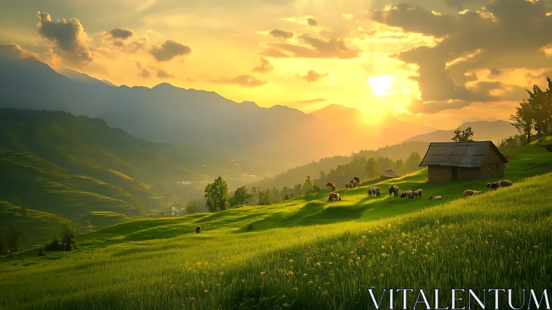 Sunlit mountain pasture where quiet hills drink golden day.