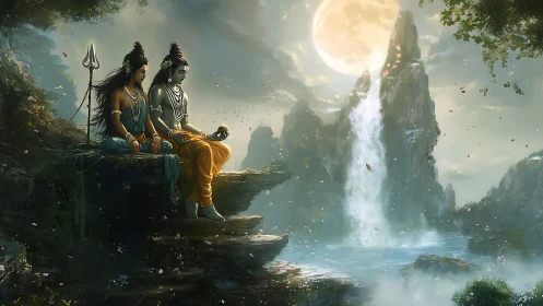 Mythic deities on cliff overlook luminous waterfall under moon