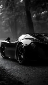 Midnight predator coupe stalking a rain-dark forest road.