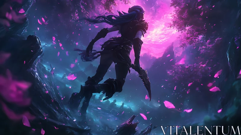 Fantasy warrior under luminous magenta vortex skyscape.