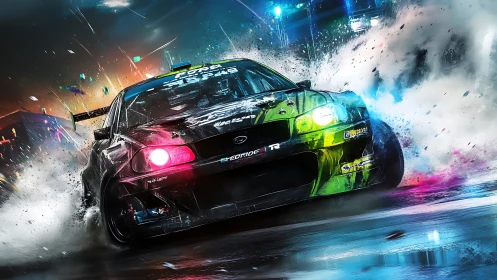 Neon‑lit drift car tears through rain soaked city streets.