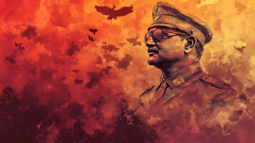 Sunset commander in ember clouds and circling silhouettes.