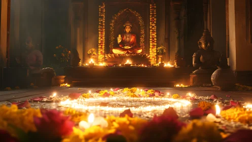 Illuminated Hindu shrine with garlanded deity and diya mandala