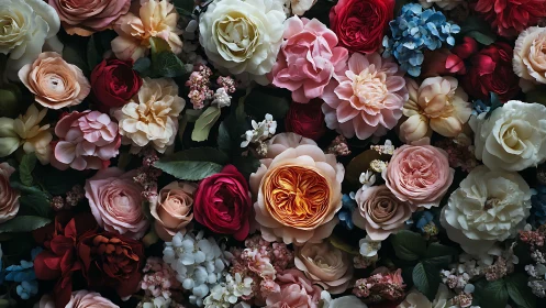 Lush Floral Tapestry with Roses, Peonies, and Blue Hydrangeas.