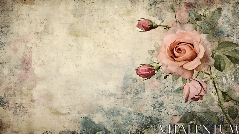 Vintage watercolor rose study on distressed textured ground.