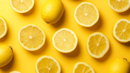 Whole and sliced lemons arranged on bright yellow background.