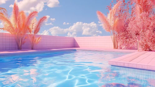 Digital render shows tiled pink pool with stylized foliage