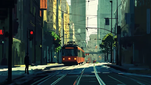 Digital painting of urban tramway corridor in morning chiaroscuro.