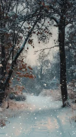 Snowy forest trail where quiet footsteps meet falling light.