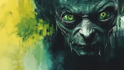 Grotesque green-eyed creature emerges from abstract shadows.