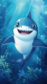 Smiling cartoon shark swims through bright blue ocean.