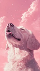 Golden retriever portrait rendered against ethereal pink sky