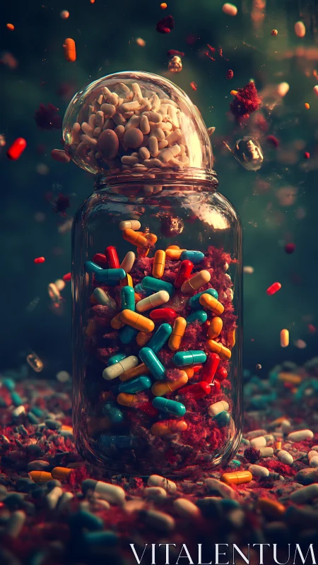 Jawbreaker jar of runaway pills in a slow-motion explosion.