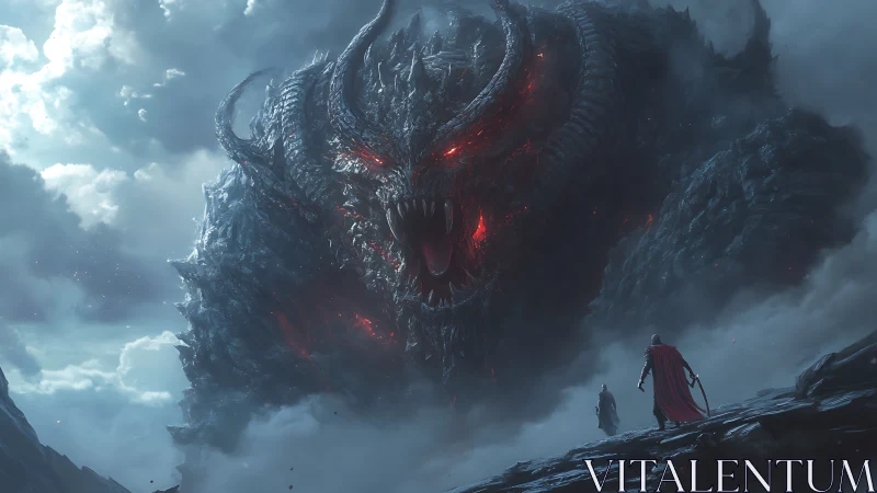 Warriors confront colossal horned lava demon in storm.