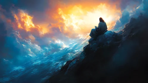 Solitary robed figure on cliff beneath radiant sky.