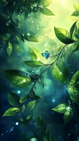 Luminous forest leaves with glowing blue butterfly at dusk.