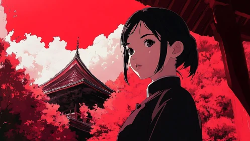 Analytical anime portrait before pagoda in saturated red field.