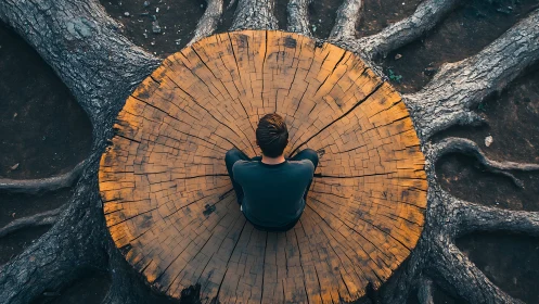 Man seated on large tree stump with radiating exposed roots.