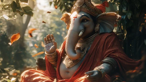 Divine Ganesha figure rendered in cinematic 3D forest ambience