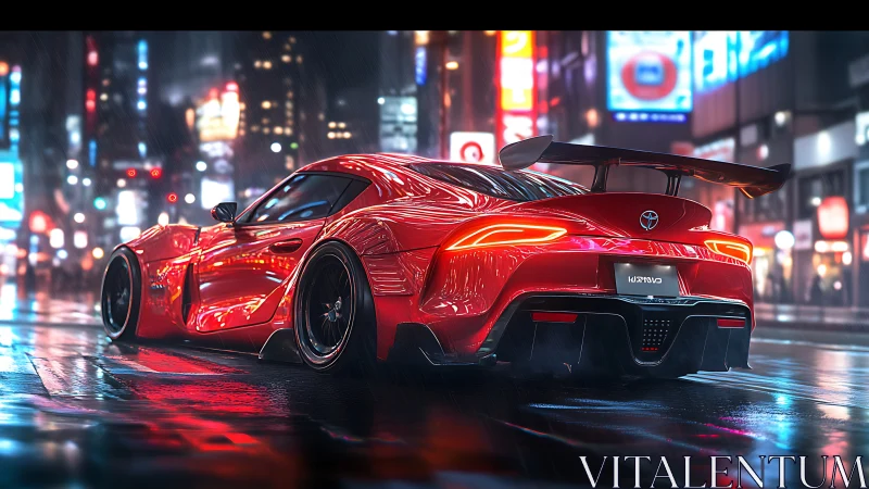 Red tuner sports car glows on neon soaked city street.