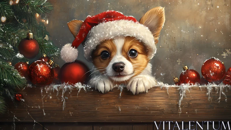 Small dog in Santa hat beside decorated tree and baubles.