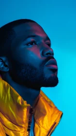 Portrait of man in neon blue and magenta studio lighting.