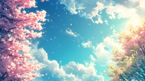 Vernal sky framed by cherry blossoms and diffuse cloudscape.