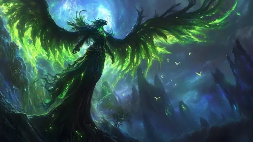 Mythic green phoenix ascendant in storm-lit fantasy landscape.